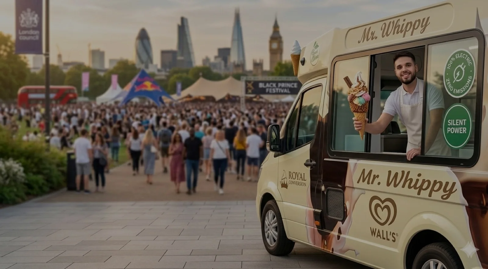 A Kreamy Delights electric ice cream van serving at a London festival, with the city skyline behind