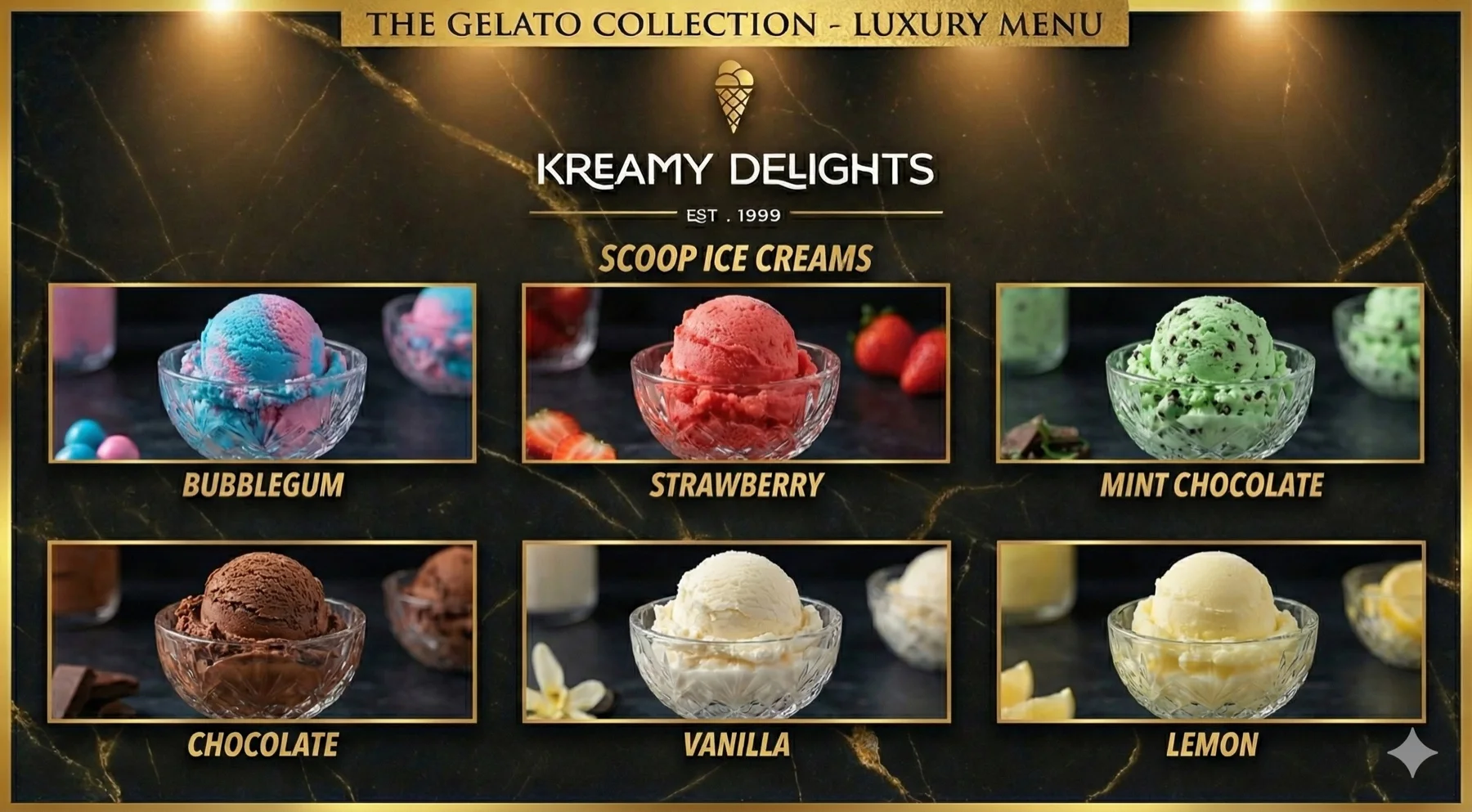 Scoop ice creams board: bubblegum, strawberry, mint chocolate, chocolate, vanilla and lemon